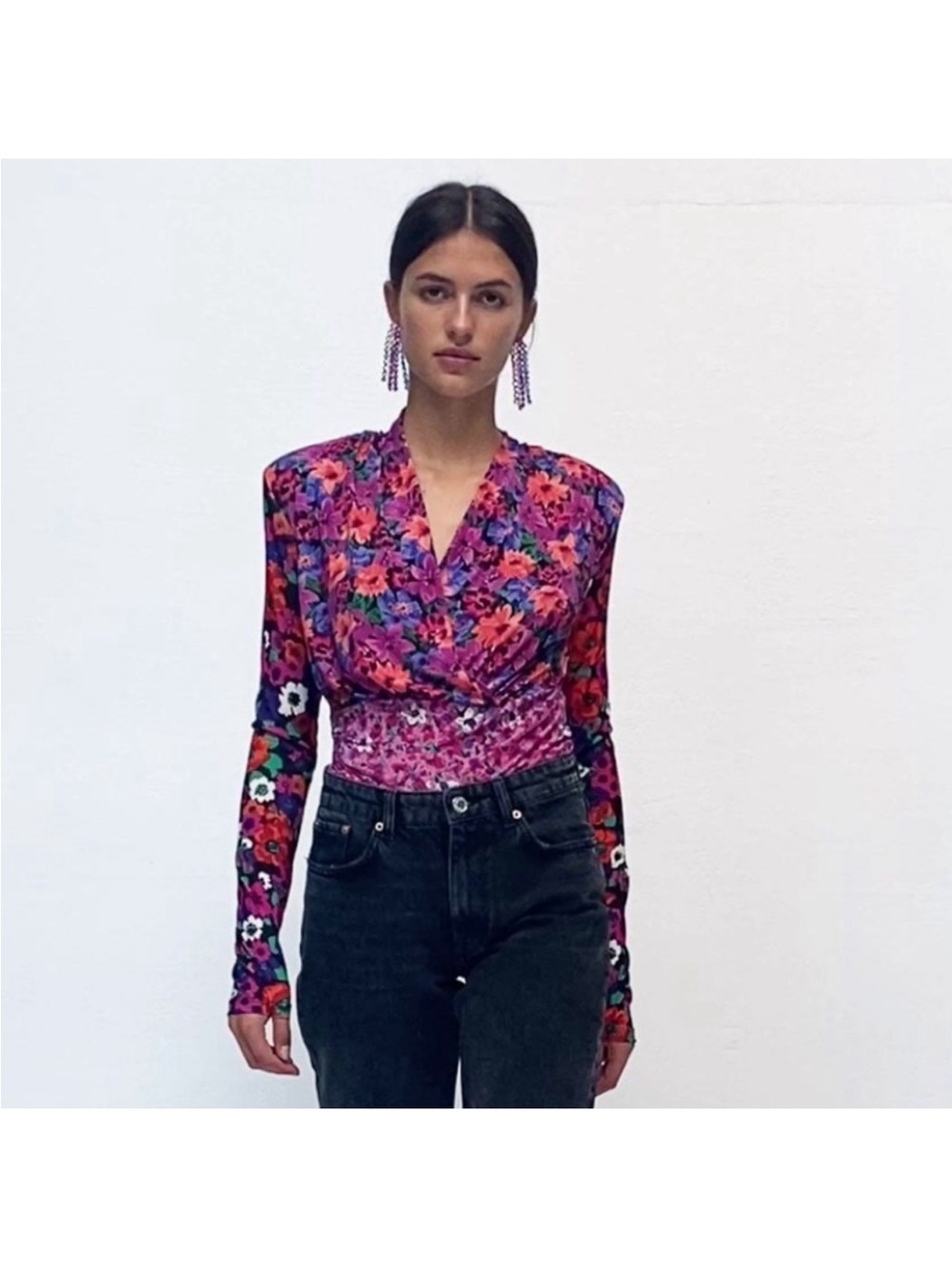 Zara Pink Multi Floral Print Long Sleeve Top Size L NWOT
